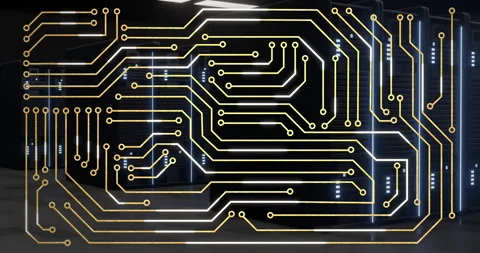 Animation of circuit board pattern overlaying servers in modern data center 库存影片 304841030