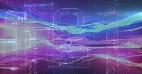 Animation of circuit board pattern in padlock over texts, graphs, computer Stock Footage 247123894