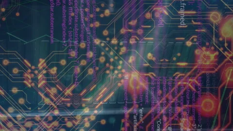 Animation of circuit board texture and loop sign over programming language in Stock Footage 312324608