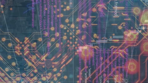 Animation of circuit board texture and graph over programming language in Stock Footage 312547984