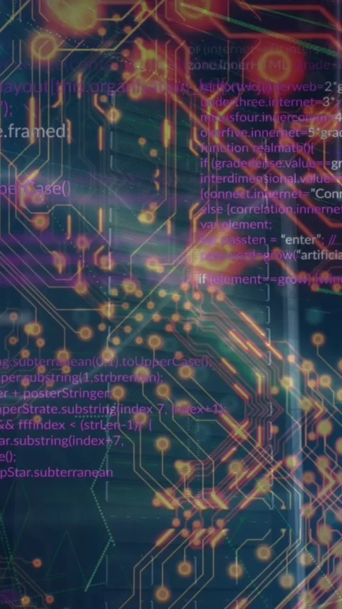 Animation of circuit board texture and loop sign over programming language in 動画素材 321991042