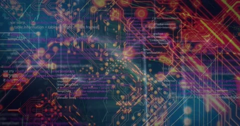 Animation of circuit board texture and loop sign over programming language in Stock Footage 326192157