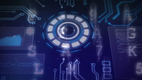 Animation of circuit patterns and data visualization in futuristic digital Stock Footage 303468128