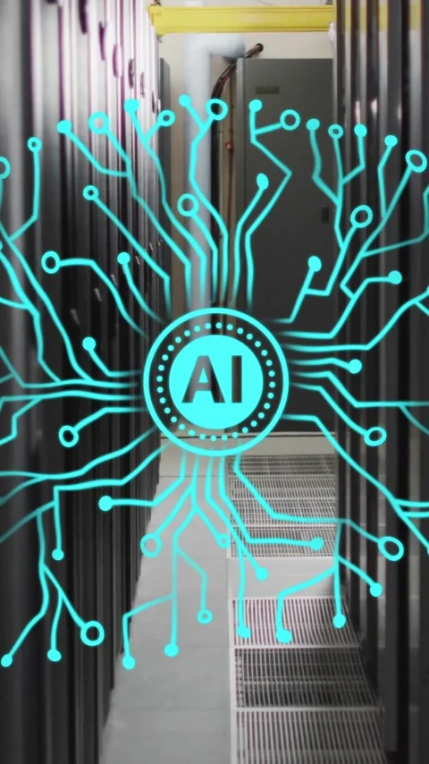 Animation of circular ai scanner and motherboard brain network over computer Stock Footage 343641544