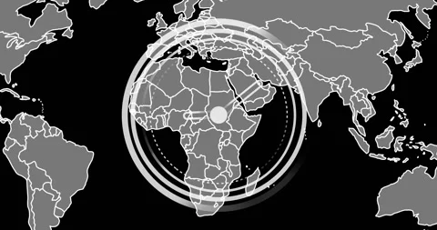 Animation of circular clock scanner processing over grey world map on black Stock Footage 328255560