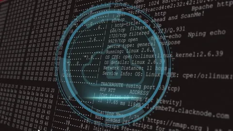 Animation of circular graphics over computer code on digital interface screen Stock Footage 303430772