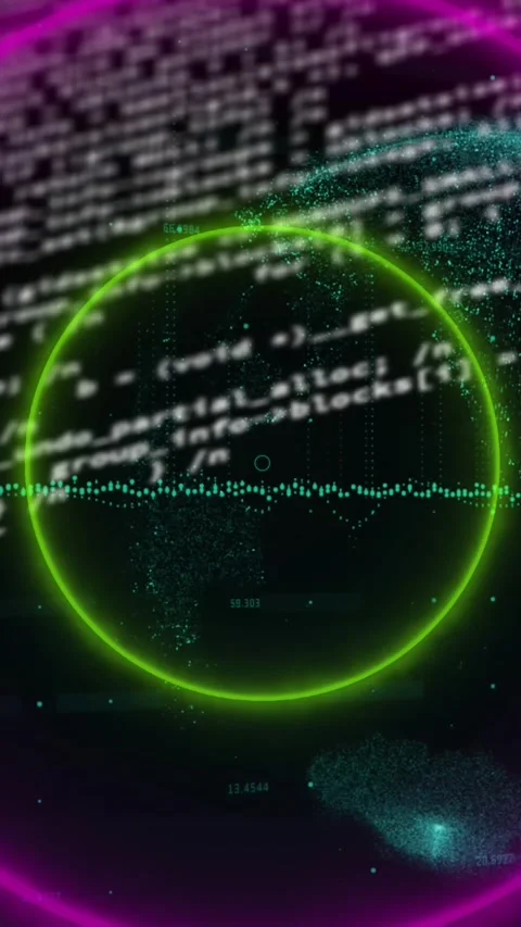 Animation of circular neon shapes in seamless pattern against data processing Stock Footage 344766167