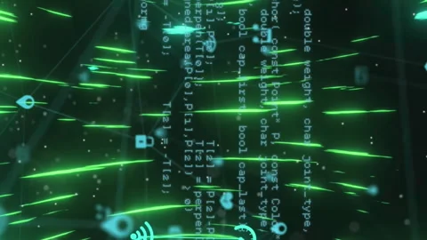 Animation of circular pattern and connected icons forming globes with computer Stock Footage 312718107