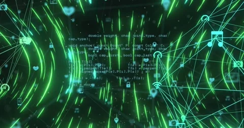 Animation of circular pattern and connected icons forming globes with computer Stock Footage 328015586