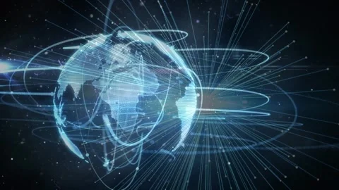 Animation of circular pattern around rotating globe with beam lines over space Video stock 247919873