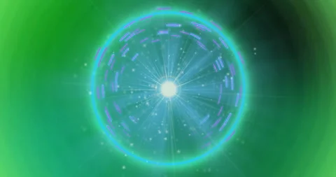 Animation of circular pattern glowing with light beams on green background Video stock 303586025