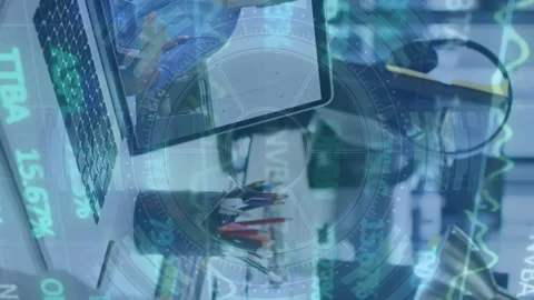 Animation of circular pattern, trading board over asian coworkers sharing ideas Video stock 313088126