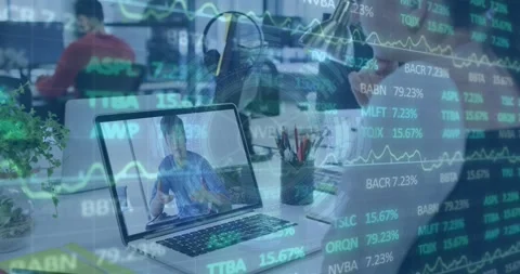 Animation of circular pattern, trading board over asian coworkers sharing ideas Stock Footage 325962903