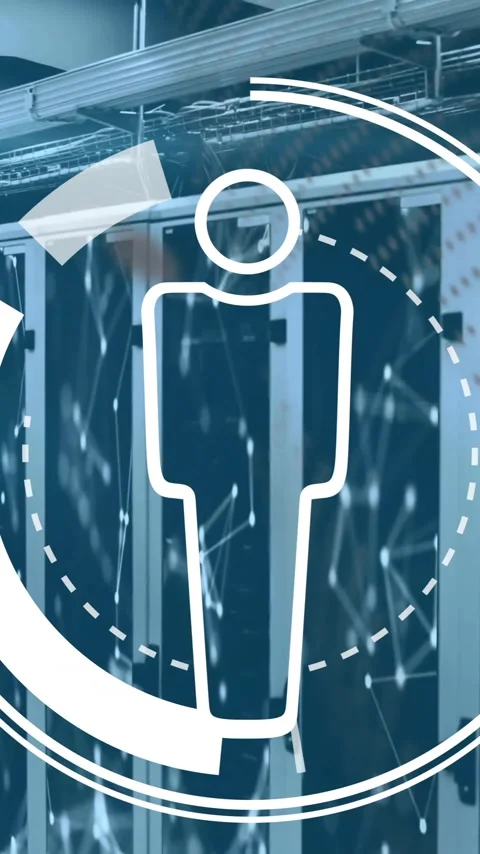 Animation of circular scanner and person icon and networks over computer server Stock Footage 320662849
