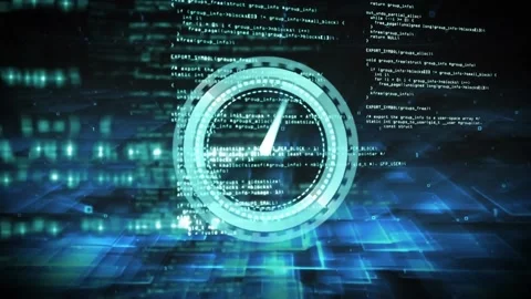 Animation of circular scanner with clock and layers of processing data on dark Stock Footage 220942284