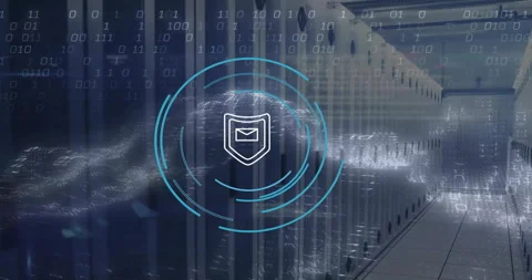 Animation of circular scanner with mail security icon, data and network wave Stock Footage 263913009