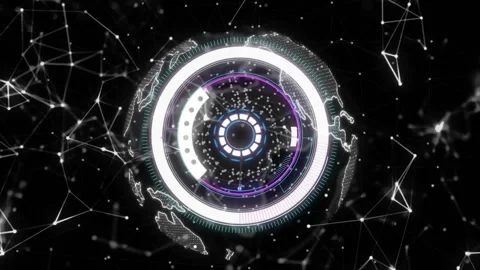 Animation of circular scanner processing over globe and networks on black Stock Footage 329924503
