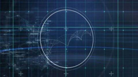 Animation of circular scanner with rotating dna helix over blue grid and Stock Footage 165161895