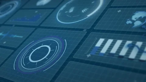 Animation of circular scanners and charts processing data on interface with dark Stock Footage 330339088