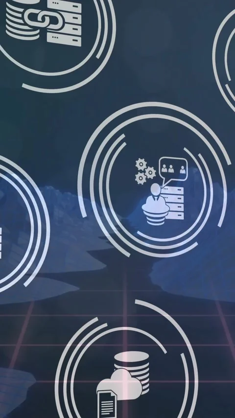 Animation of circular scanners processing over business and data icons over dark Stock Footage 344403392