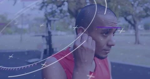 Animation of circular scope processing data over male athlete wearing wireless Stock Footage 329283233