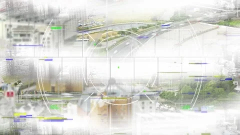 Animation of circular scope scanning with data processing over fast speed city Stock Footage 157242293