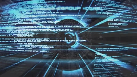 Animation of circular tunnel and looping computer language against black Stock Footage 330475606