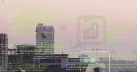 Animation of city skyline with green coding and data visualization overlay Stock Footage 306268186