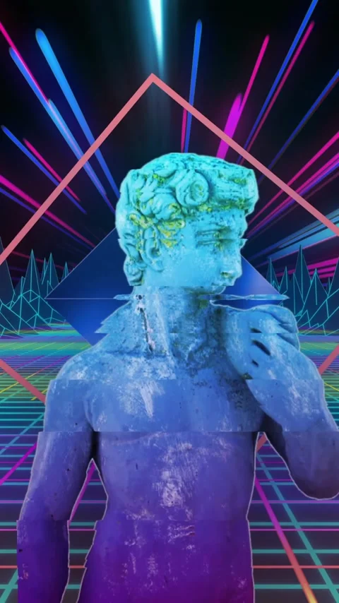 Animation of classical statue distorting over digital landscape with neon beams Video stock 319067705