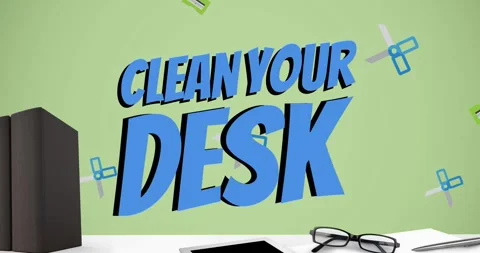 Animation of clean your desk text over computer and office items over green Stock Footage 329164211