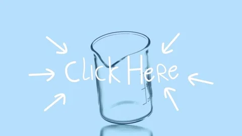 Animation of click here over empty lab glass rotating on blue background Stock Footage 327125079