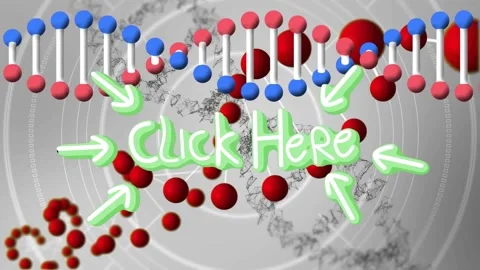 Animation of click here text over dots and particles forming dna helixes in Video stock 326879433