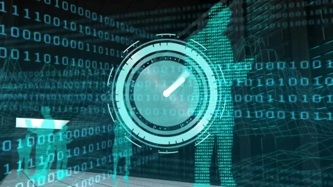 Animation of clock and binary coding with business people on black background Stock Footage 327527804