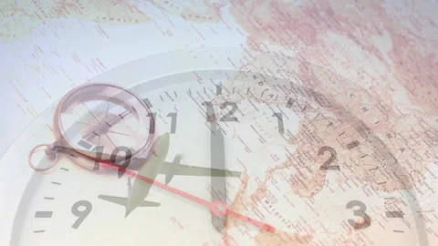 Animation of clock and compass on map ov... | Stock Video | Pond5