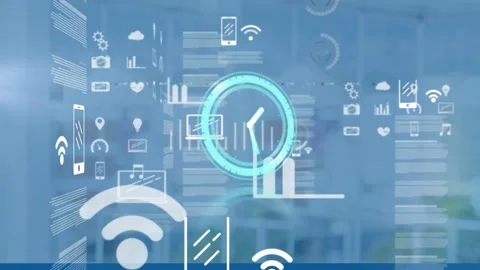 Animation of clock and data processing over empty office Stock Footage 156507324