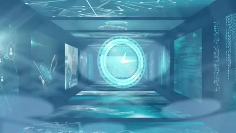 Animation of clock and data processing over empty office Stock Footage 156507331