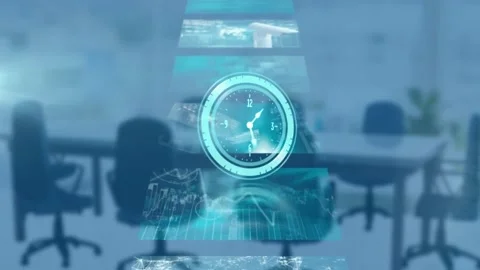 Animation of clock and data processing over empty office Stock Footage 156967275