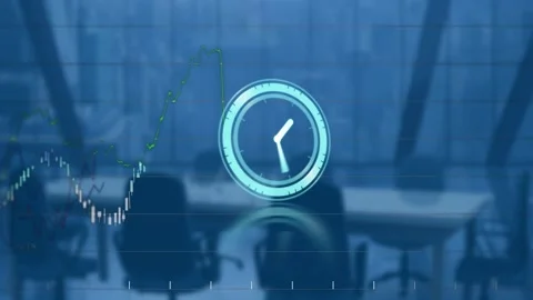 Animation of clock and data processing over empty office Stock Footage 156967289