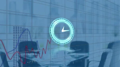 Animation of clock and data processing over empty office Stock Footage 156967373