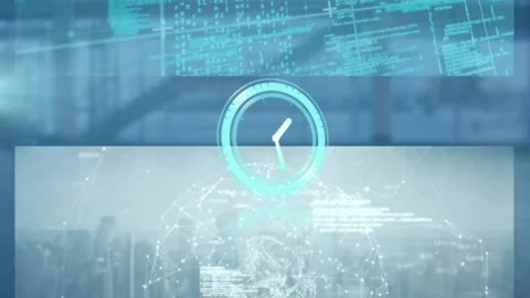 Animation of clock and data processing over empty office Stock Footage 156967377