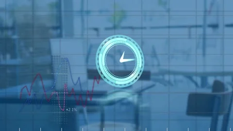 Animation of clock and data processing over empty office Stock Footage 156967390