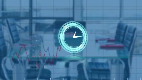Animation of clock and data processing over empty office Stock Footage 156967392