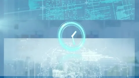Animation of clock and data processing over empty office Stock Footage 156967400