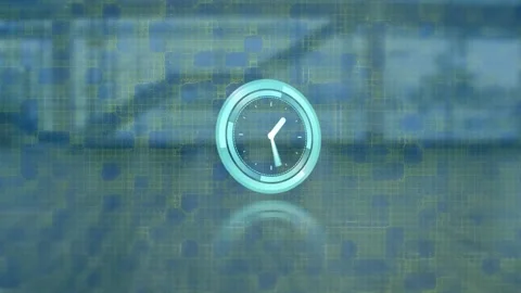 Animation of clock and data processing over empty office Stock Footage 156967460