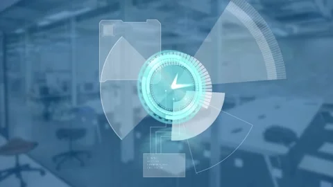 Animation of clock and data processing over empty office Stock Footage 156967519