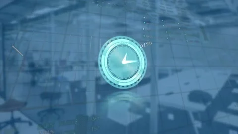 Animation of clock and data processing over empty office Stock Footage 156967617
