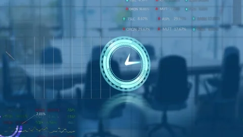 Animation of clock and data processing over empty office Stock Footage 156967619