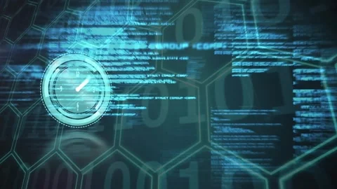 Animation of clock and data processing with binary coding Stock Footage 330294598