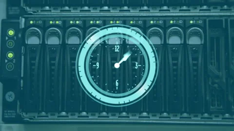 Animation of clock and digital data processing over computer servers Video stock 308503721