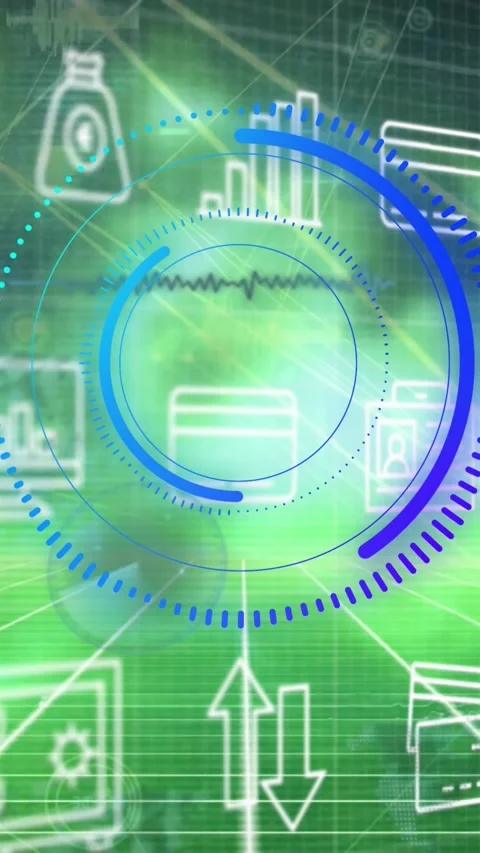 Animation of clock and financial data processing over empty office Stock Footage 344614350